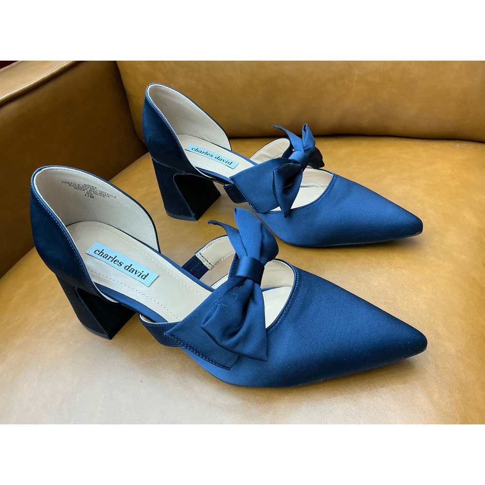 Charles David Andre Pumps Womens 11M Navy Satin Bow Block Heel‎